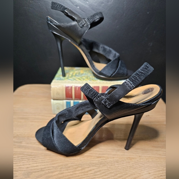 L.A.M.B Kandis Black Leather Strappy Stiletto Slingback Open Toe Heels Size 10 - Picture 9 of 12